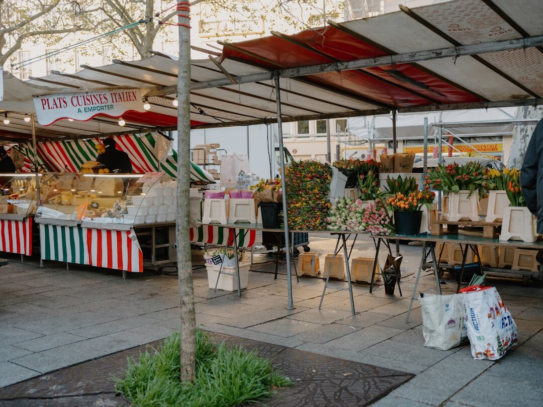 Outdoor market stall with fresh produce in Split